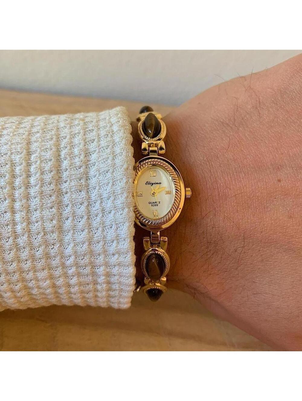 Y2k style Dainty cute Gold style tone quartz watch with brown jade stone opal - Picture 2 of 8